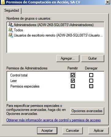 Configuración posterior, Continuación Permisos en Registro Ingresa al Registro de Windows para asignar permisos a la llave Computación en.