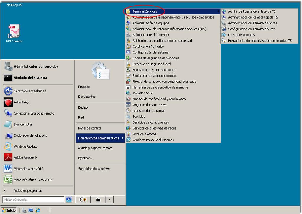 Configuración previa en Windows 2008 Componente Terminal Server Antes de instalar el sistema deberás realizar la siguiente configuración previa.