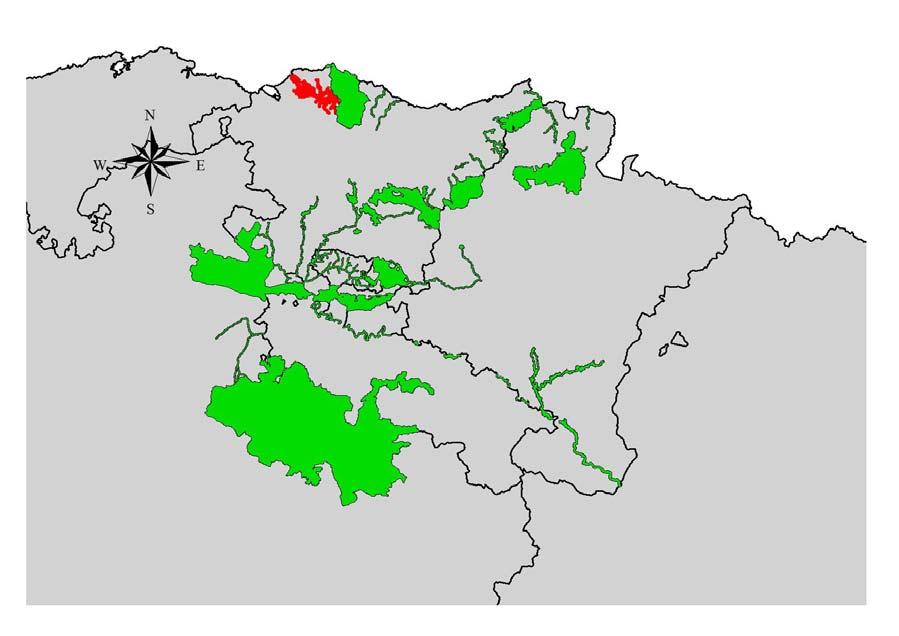 Figura 2: LIC-s que incluyen al visón europeo como especie presente en sus documentos normalizados de propuesta (en verde) y propuesta de LIC del Río Butrón (en rojo).