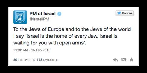El Gobierno de Israel manifestó, asimismo, que Israel esperaba con los «brazos abiertos» a todo judío europeo que quisiera buscar refugio de los últimos ataques acontecidos.