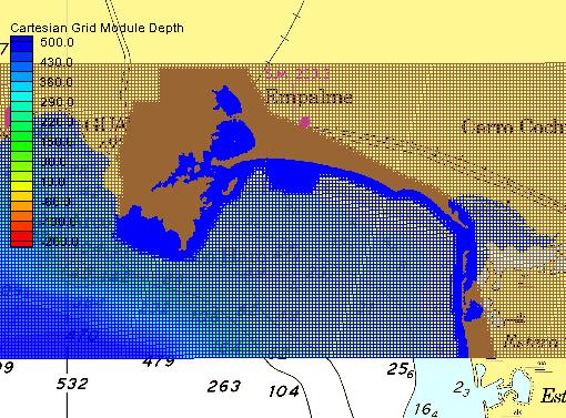 a) Batimetría del sitio de estudio de levantamiento 2016. b) Batimetrías cercanas (Zona de Guaymas Empalme) c) Cartas náuticas S.M. 233.3, S-M. 233.5 y S.M. 200. Figura 60.