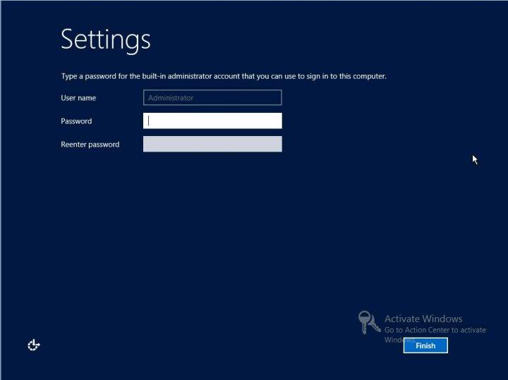 Instalación manual de Windows Server 2012 R2 con un medio local o remoto Una vez configurados los dispositivos, el sistema se reinicia nuevamente y aparece la pantalla Settings (Configuración). 14.