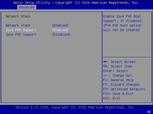 Instalación de Windows Server 2012 R2 con el inicio de red PXE Aparece la pantalla Network Stack (Pila de red) de la utilidad de configuración del BIOS. d. Si es necesario, defina la compatibilidad con PXE adecuada (IPv4 o IPv6) en Enabled (Activado).