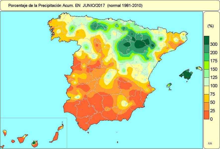 La distribución espacial de las precipitaciones acumuladas en junio, en muchas ocasiones debidas a tormentas, ha sido muy desigual, afectando principalmente a la mitad norte peninsular y a Baleares.