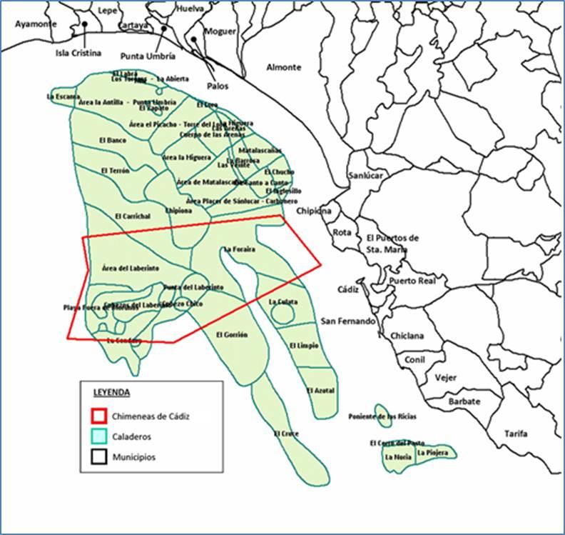 Figura 3.3.Distribución espacial de los principales caladeros de pesca unicados en el área de estudio inicial del Golfo de Cádiz. Fuente: IEO.