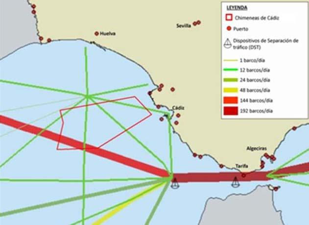 Figura 3.7. Principales rutas marítimas en el golfo de Cádiz. Fuente: Marine Plan, Atlas para la Planificación Espacial Marítima.