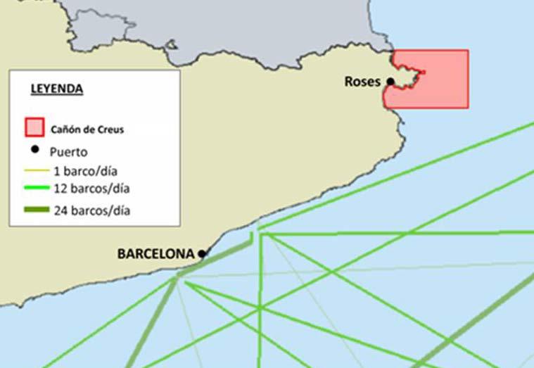Tráfico marítimo El tráfico marítimo en el entorno del Cap de Creus y los cañones submarinos próximos es pequeño en comparación con el que soporta el conjunto de la demarcación levantinobalear