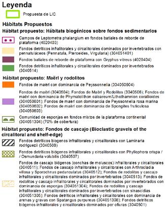Distribución espacial de los hábitats presentes en la zona propuesta como LIC (tanto los incluidos en la Directiva Hábitat, como los propuestos para su inclusión).