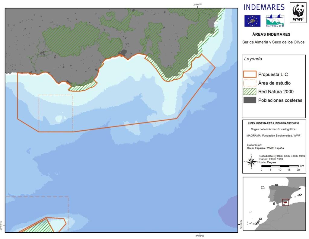 Figura 7.1. Área de estudio y propuesta de LIC marino del Sur de Almería y Seco de los Olivos Además, de entre todas las especies registradas, algunas se citan por primera vez en aguas españolas.