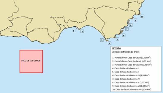 ZONAS DE EXTRACCIÓN DE ÁRIDOS Nombre Municipios cercanos Extensión km 2 Punta Sabinar-Cabo de Gata I Almería 0,31 Punta Sabinar-Cabo de Gata II Almería 0,77 Punta Sabinar-Cabo de Gata III Almería y