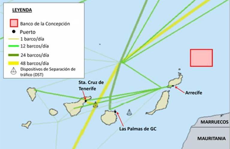 Ruta Oriental, entre las islas de Gran Canaria y Fuerteventura. Figura 9.3. Principales rutas marítimas en el Archipiélago Canario. Fuente: Marine Plan, Atlas para la Planificación Espacial Marítima.