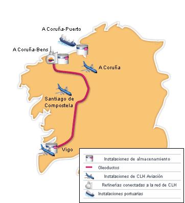 Figura 2.7. Infraestructuras petrolíferas de Galicia. Fuente: Compañía Logística de Hidrocarburos CLH, S.A.