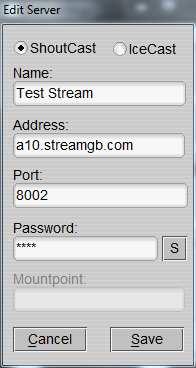 De acuerdo a los datos que usted ha recibido (IP, puerto y password): En la ventana Agregar servidor seleccionar ShoutCast En la sección Nombre escriba un nombre para su transmisión.