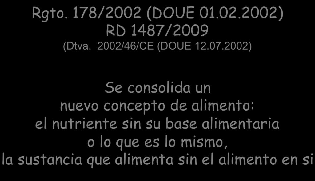 Rgto. 178/2002 (DOUE 01.02.2002) RD 1487/2009 (Dtva. 2002/46/CE (DOUE 12.07.