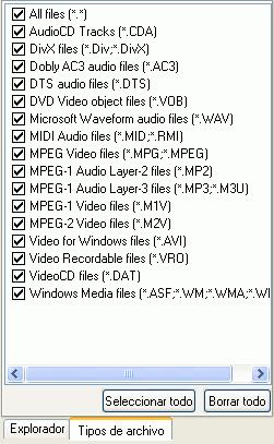 Reproducción de archivos multimedia Haga clic en Borrar todo para restablecer los tipos de archivos o en Seleccionar todo para seleccionar todos los posibles tipos de archivos.