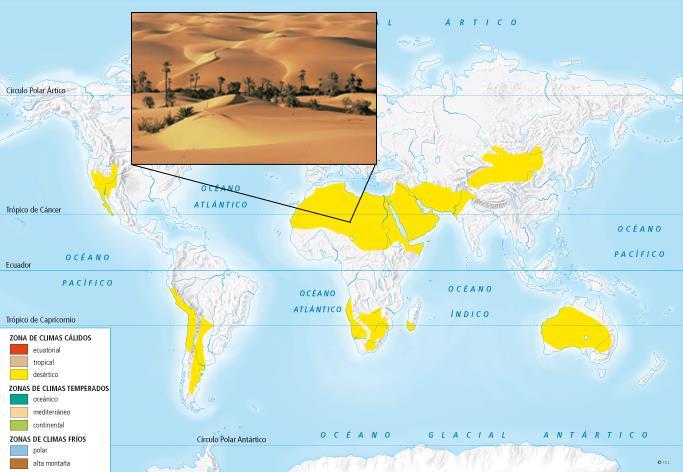 LOCALÍZASE EN TEMPERATURAS PRECIPITACIÓNS PAISAXE (vexetación, poboación) Areas determinadas en torno aos trópicos de ambos hemisferios (Sáhara, Atacama,