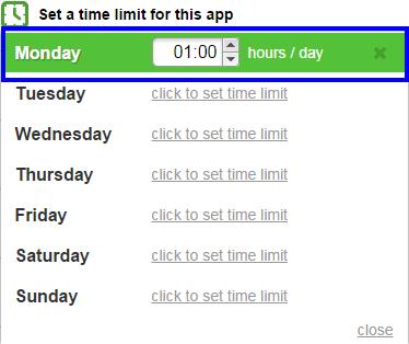 - Haga clic en el listado desplegable Establecer límite de tiempo para esta aplicación. - Haga clic en el enlace "Hacer clic para establecer límite de tiempo" correspondiente al día.