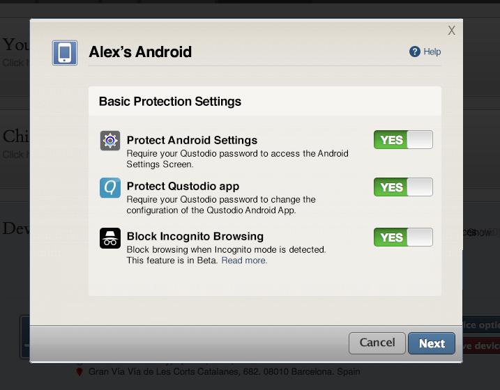 Haga clic en Ajustes de dispositivo Android. Se mostrará la siguiente pantalla: Coloque en Sí la opción Bloquear navegación en modo incógnito.