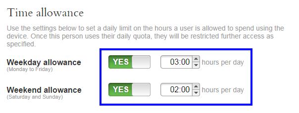 límites diarios para el acceso del usuario al dispositivo o a Internet. - Vaya a Reglas > Límites de tiempo.