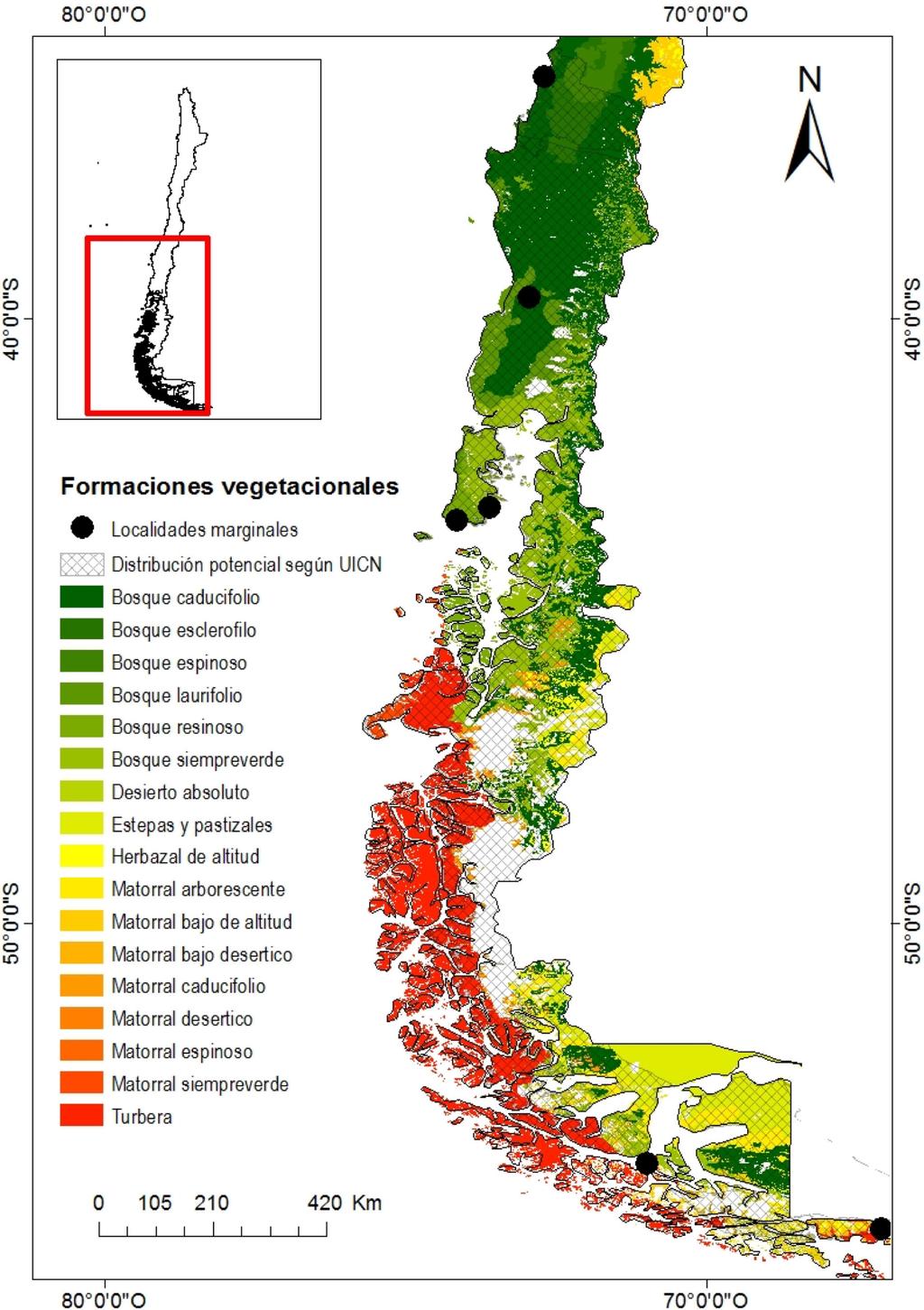 Fig. 9. Distribución potencial de Histiotus magellanicus según UICN (2008) en Chile.