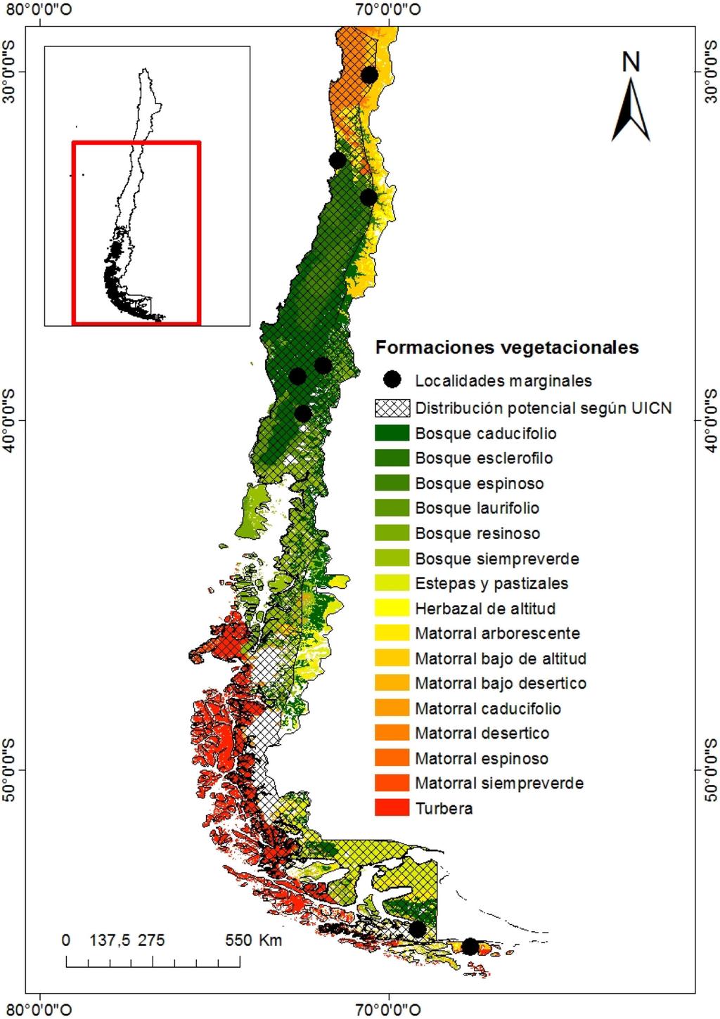 Fig. 13. Distribución potencial de Myotis chiloensis según UICN (2008) en Chile.