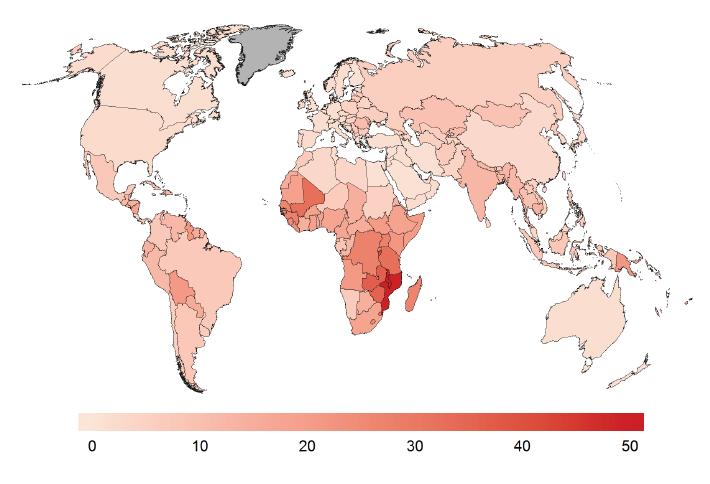 Mortalidad mundial de CCU cada 100.000 mujeres (todas las edades) 2012- OMS Tasa de mortalidad por CCU estandarizada por edad, por jurisdicciones (por 100.000 mujeres).