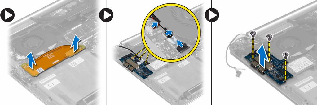 d. la batería de tipo botón 3. Realice los siguientes pasos para extraer la placa de E/S: a. Desconecte el cable de la placa de E/S de la placa base y la placa de E/S. b. Desconecte los cables de la cámara, del ventilador y de la batería de tipo botón de la placa de E/S.