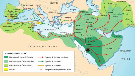 Expansión del Islam Mahoma (570-632) Revelaciones del Arcángel Gabriel (610). La Meca. Rechazada su predicación, huye a Medina. Es la Hégira (622).