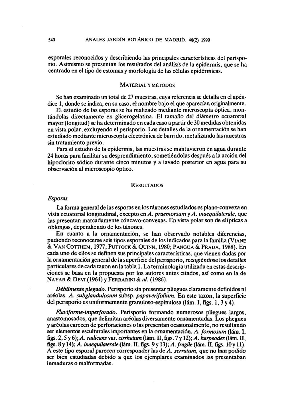 540 NLES JRDÍN BOTÁNICO DE MDRID, 46(2) 1990 esporales reconocidos y describiendo las principales características del perisporio.