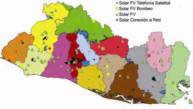 Informe Final (Resumen Ejecutivo) Capítulo 4 Telecomunicaciones Bombas fotovoltaicas Fotovoltaico solar (SHS) Fotovoltaico conectado a la red (Fuente: Equipo de Estudio JICA) Figura 4.4.2 Sistemas solares fotovoltaicos instalados en El Salvador 4.