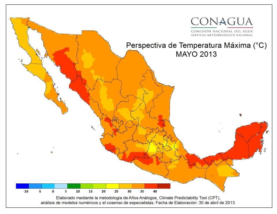 Pronóstico Mayo 2013 En Mayo las temperaturas máximas promedio superiores a 35 C se presentan en regiones localizadas del Noroeste, Occidente, Sureste y Península de Yucatán.
