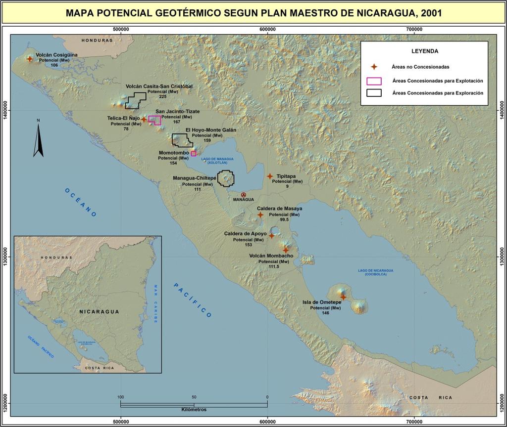 Figura 13. Mapa de Potencial Geotérmico de Nicaragua, 2010.
