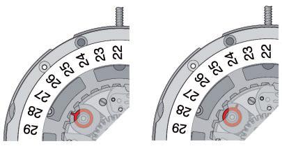 Rapid date correction is not possible if the date indicator driving wheel is engaged (see fig. 1)!