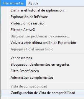- Para finalizar desde la barra de menú de Internet Explorer acceda a: Herramientas Vista de compatibilidad Agregar los siguientes sitios: savia.es; amadeus.