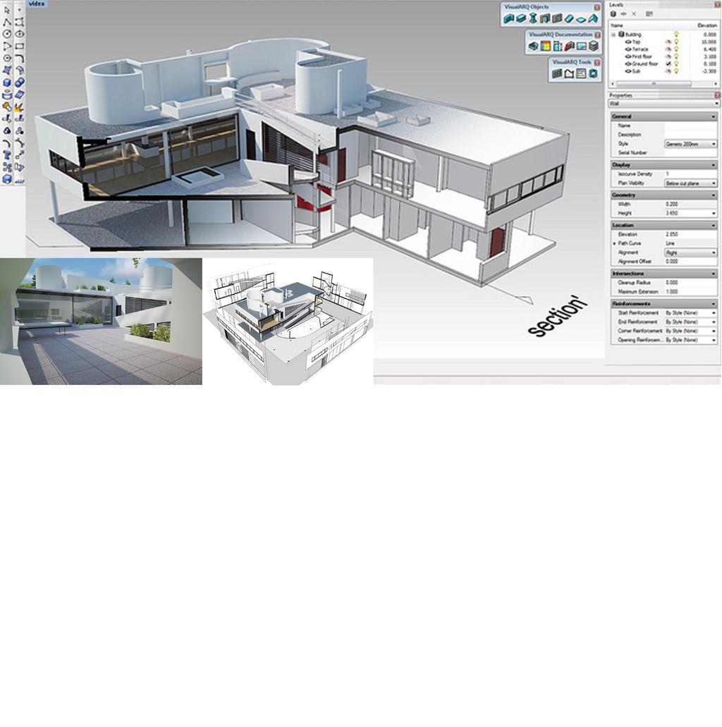 Imagen: Documentos de proyecto de la Ville Savoye elaborados en tiempo real con Visualarq : sección dinámica, alzados vinculados al modelo 3d, render interior. BLOQUE III.
