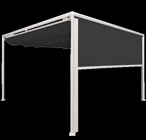 The main feature of this version is the possibilty to install side drop fabrics. The top fabric is moved manually and can be packed on both the sides and has the typical waving shape.