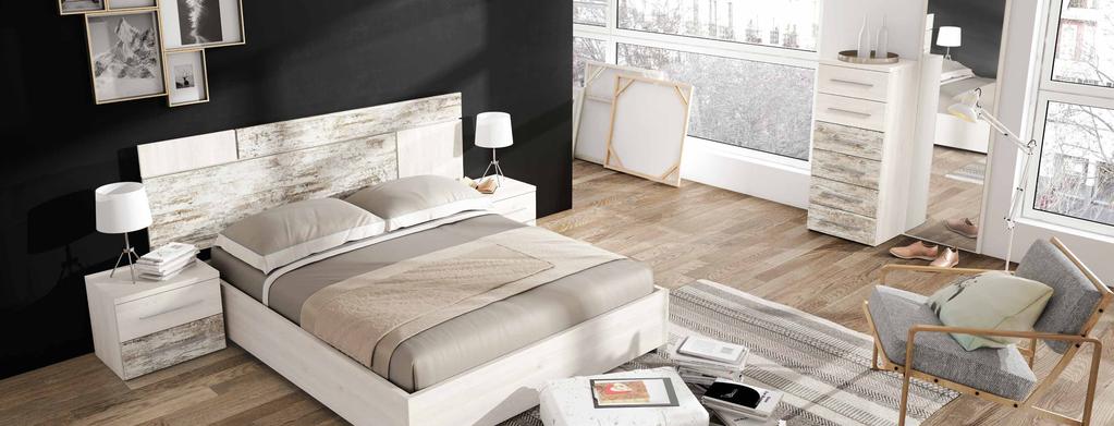 Con aspecto rústico y natural se presenta este dormitorio con el acabado Vintage en combinación con el Blanco nordic de aspecto mucho más sereno y delicado, este conjunto no dejará a