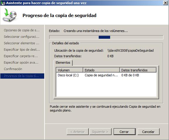 Y finalmente vemos como comienza nuestra copia de seguridad, con la herramienta por defecto de Windows Server 2008. C) Programa una copia de seguridad para que se realice el primer di a de cada mes.