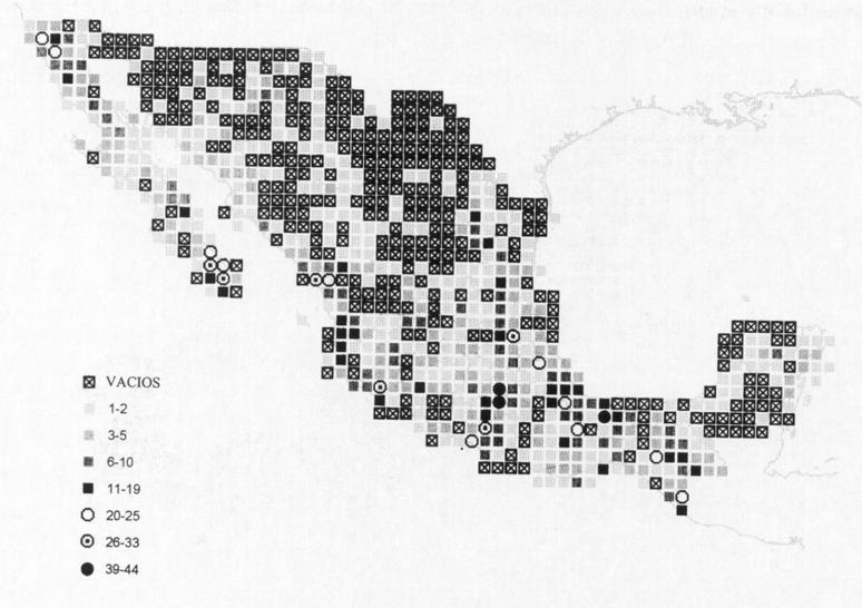 Oñate-Ocaña et al.: Distribución de las Papilionidae y Pieridae mexicanas encuentra depositado el ejemplar o la cita bibliográfica que lo reporta (Llorente et al. 1997).