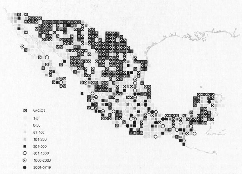 Oñate-Ocaña et al.: Distribución de las Papilionidae y Pieridae mexicanas Para el mapa de la figura 2, se obtuvieron 499 (60%) cuadrantes que tienen al menos una localidad.