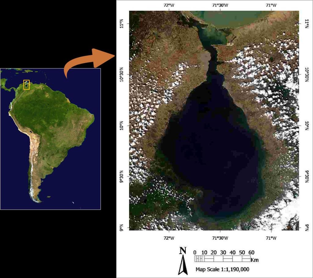 2. Área de estudio El área de estudio (Figura 4) corresponde al lago de Maracaibo, localizado en el estado Zulia, Venezuela, entre los 9 y 12 latitud norte y los 70 y 73 longitud oeste, y con una