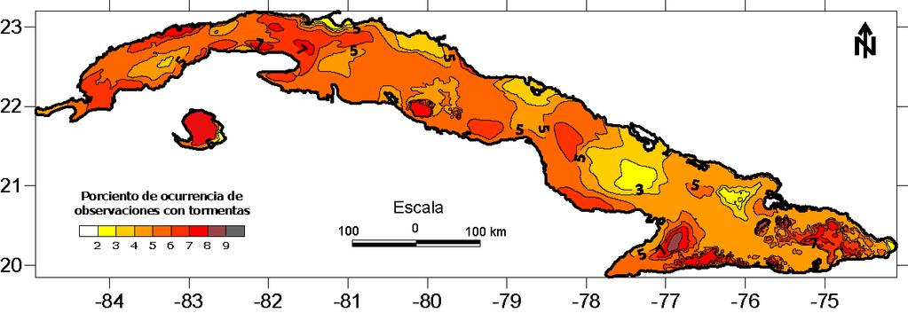 Figura 4. Distribución espacial de la frecuencia de ocurrencia de observaciones con tormentas para Cuba (carta base escala 1:250000) primera.