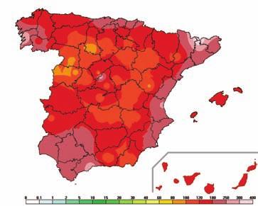 Figura 2. Valor de retorno estimado de la para un periodo de 50 años. Figura 3. Valor de retorno estimado de la para un periodo de 100 años. regiones cantábricas y en el oeste de Andalucía.