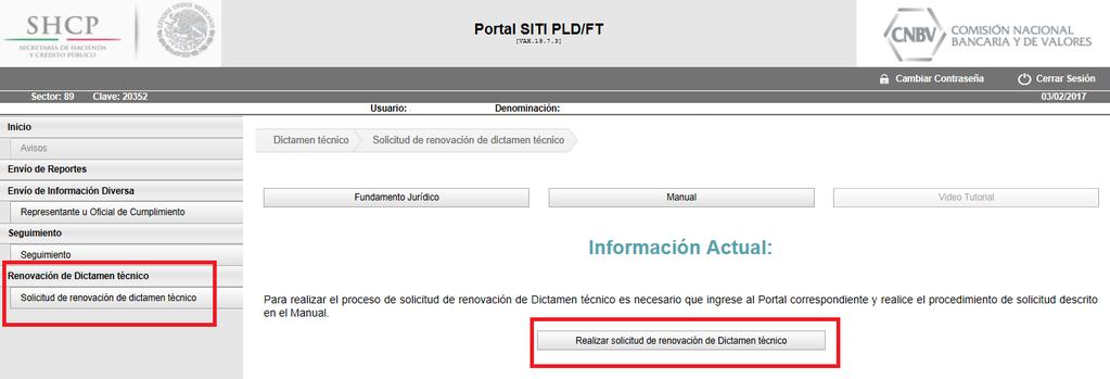 2. Acceso a la sección de Solicitud de Dictamen técnico del portal SITI PLD/FT 2.