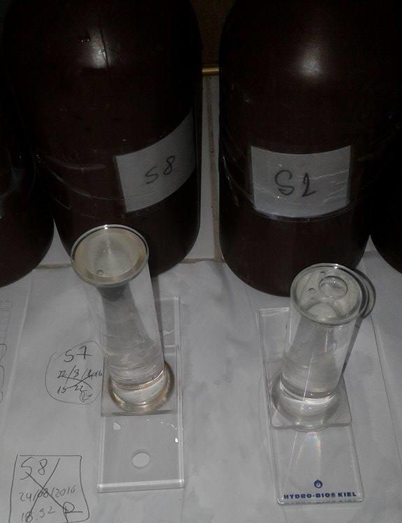 2.3. Procedimiento en Laboratorio Una vez en el laboratorio PUCESE, las botellas fueron agitadas en rotación durante 2 minutos para luego retirar 50 ml de la misma un tubo de decantación de Utermohl