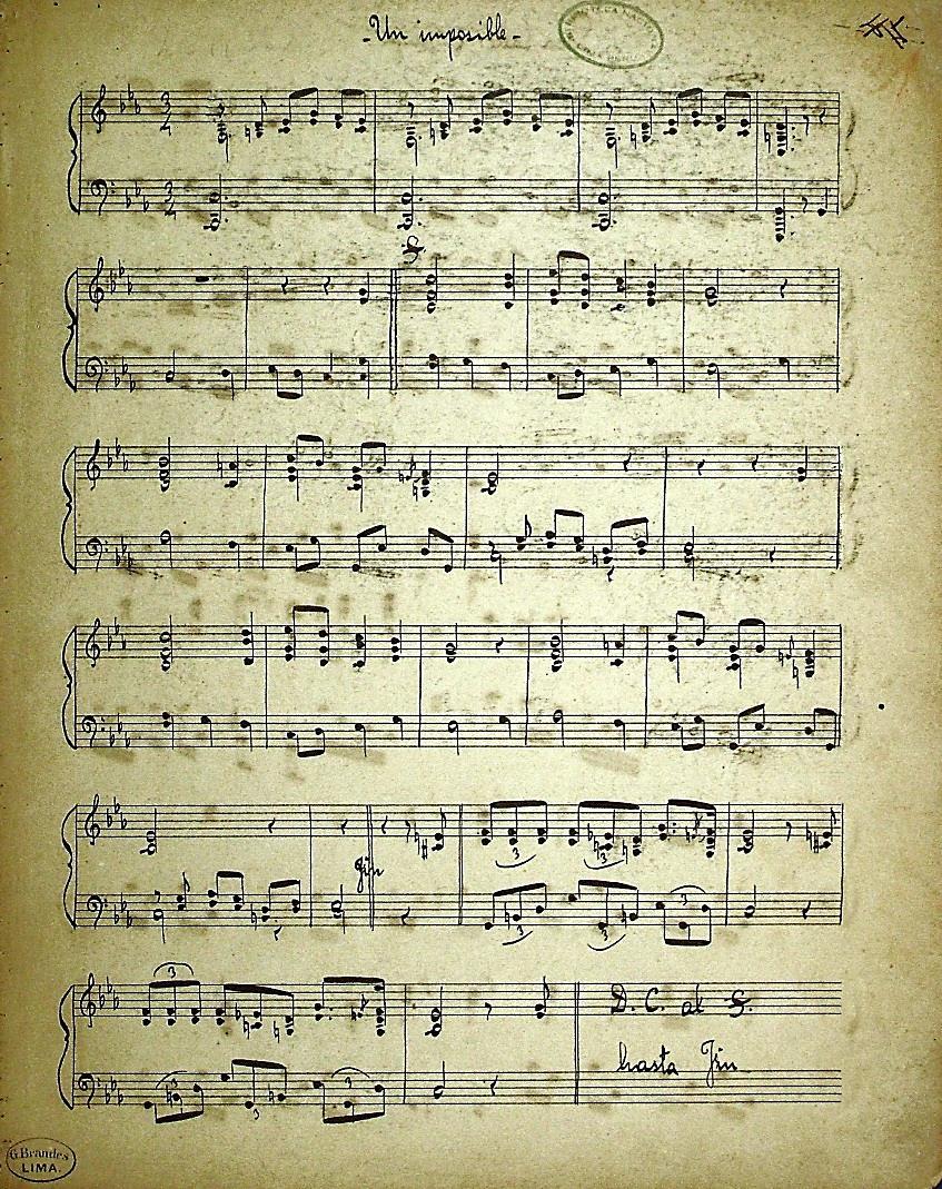 Un imposible Título uniforme Un imposible Descripción 1 partitura ([5, 1b,] p.) ; 34 x 27 cm Género musical pasacalle ; pastoril Contenido 1.