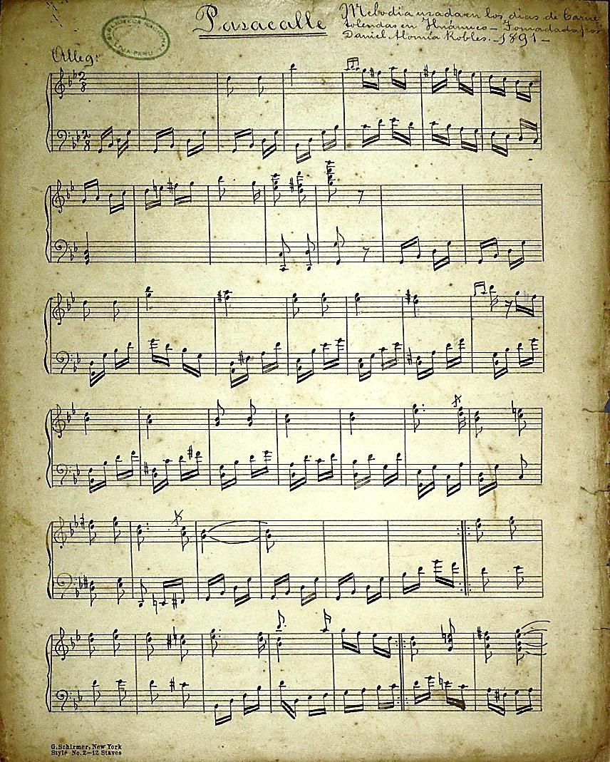 Pasacalle [] Título uniforme Pasacalle Publicación [S.l.]: [s.n.], 1891 Descripción 1 partitura ([2] p.) ; 33.5 x 26.