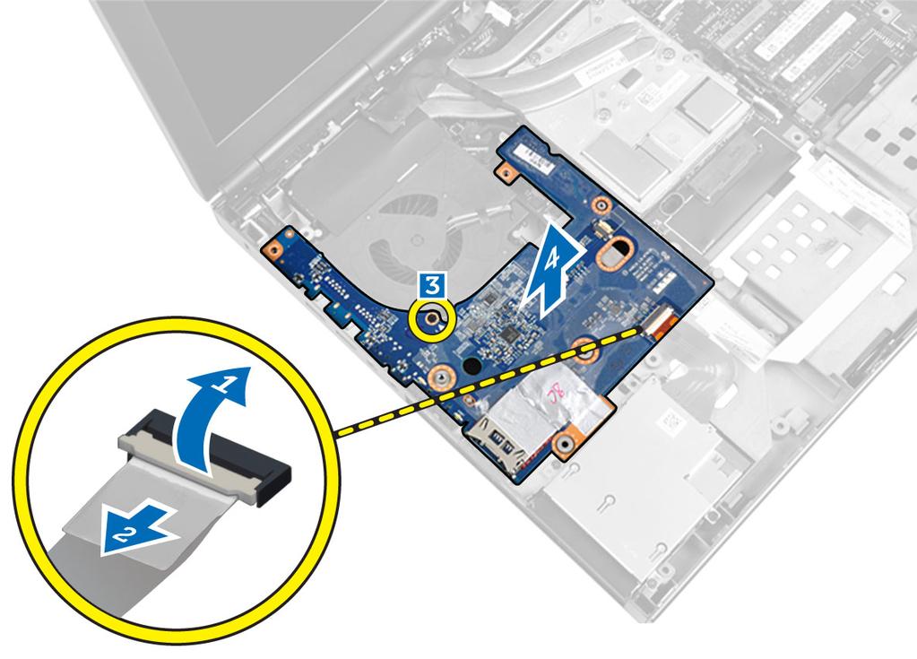 Extracción de la placa de entrada/salida (E/S) 1. Siga los procedimientos que se describen en Antes de manipular el interior del equipo. 2. Extraiga: a. la tarjeta SD b. battery c.