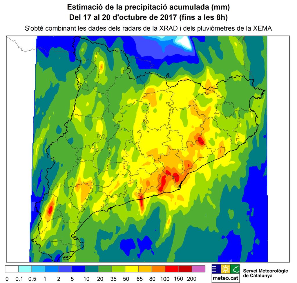 Més de 100 mm de precipitació acumulada El mapa següent mostra l estimació de la precipitació acumulada entre el 17 d octubre al vespre i el 20 d octubre de 2017 a primera hora del matí.