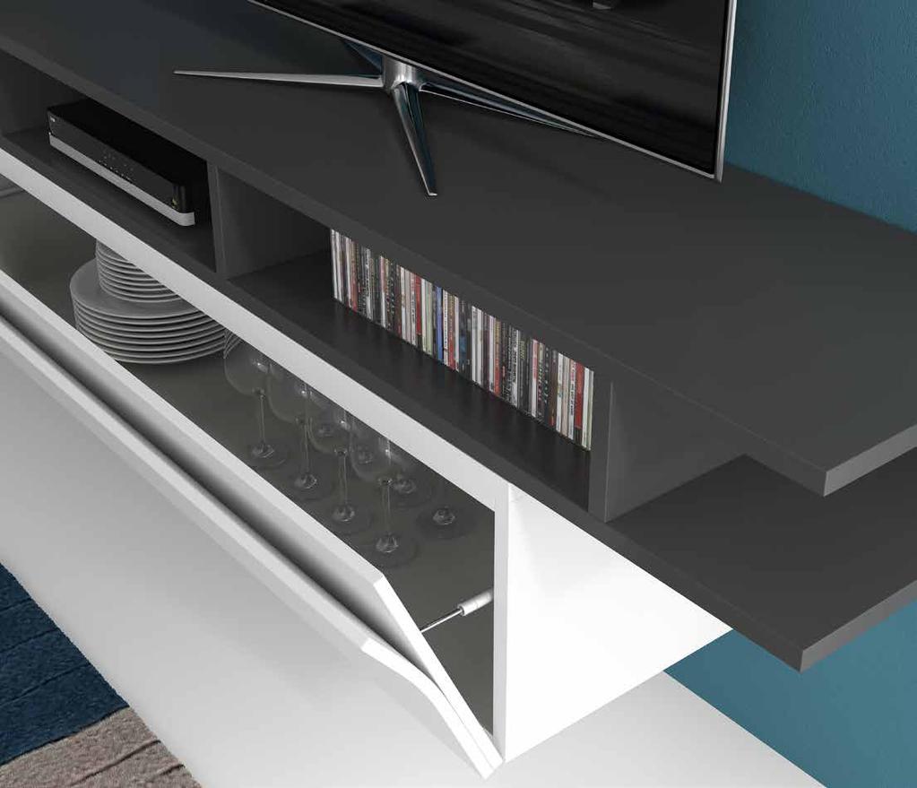 Details: TV Wood stand and sliding doors bookcase. Finish: Blanco matt mixed with Gris Antracita matt lacquered.